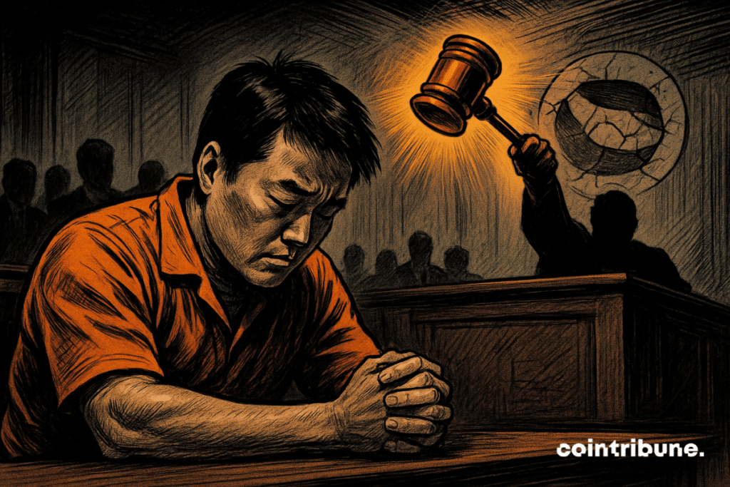Do Kwon in court, head bowed in guilt, as a judge’s glowing gavel looms, symbolizing the TerraUSD collapse.