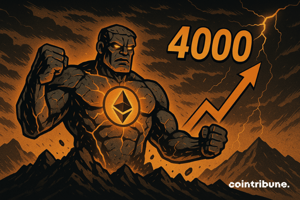 A stone colossus Ethereum awakens, bright orange cracks, number 4000 and upward arrow under a stormy sky