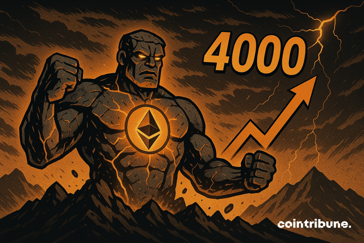 Un colosse de pierre Ethereum se réveille, fissures orange éclatantes, chiffre 4000 et flèche ascendante sous un ciel orageux