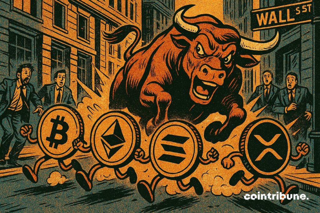 Un toro que persigue las cripto bitcoin, Ethereum, Solana y XRP con vistas a una inminente subida.