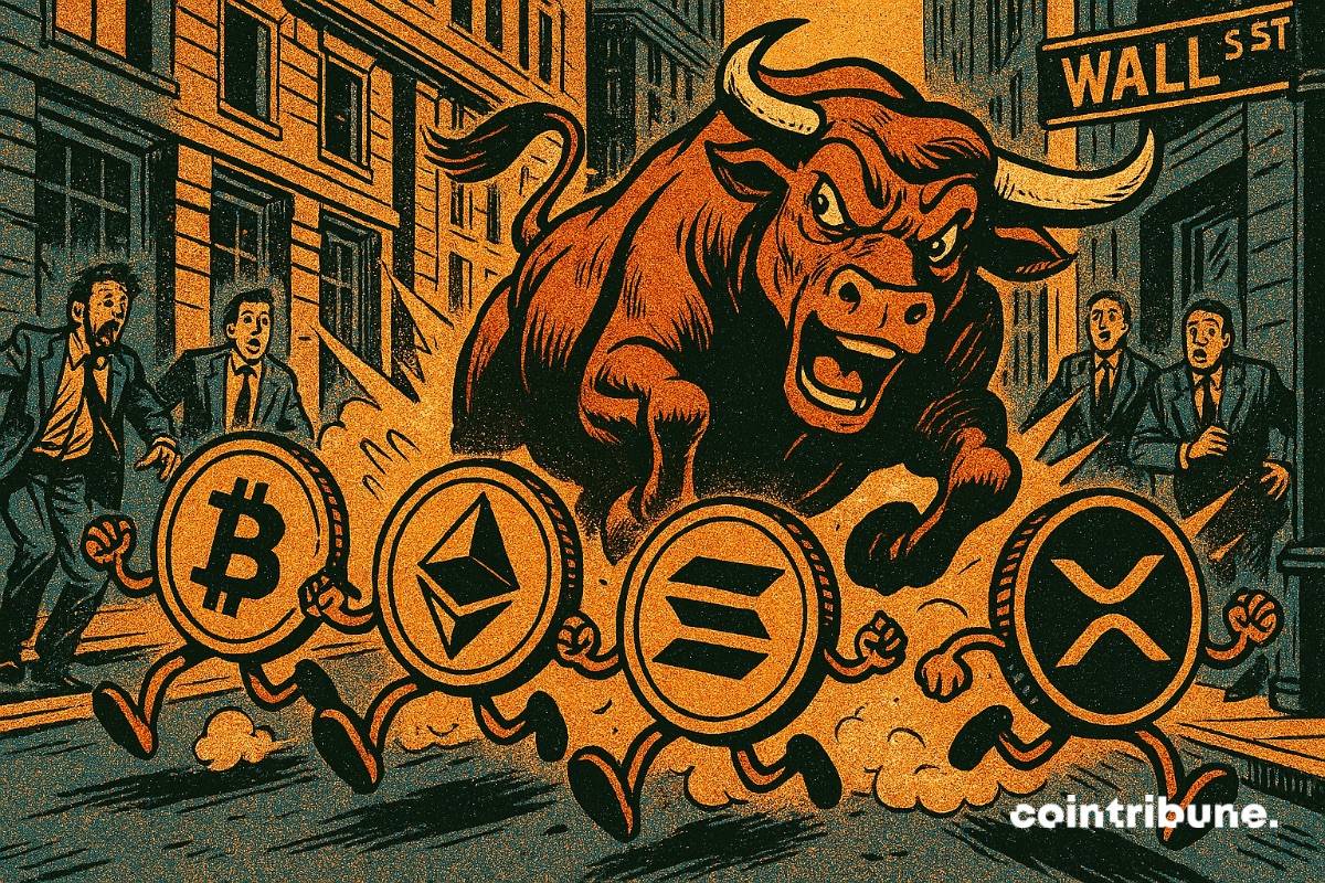 A bull chasing Bitcoin, Ethereum, Solana, and XRP cryptos in anticipation of an imminent bull run