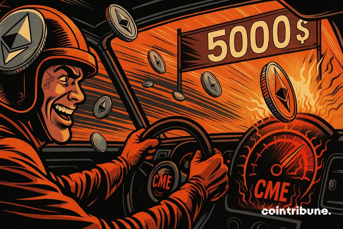 Un pilote de rallye dans une voiture Ethereum avec un CME en surchauffe et l’objectif des 5 000 $ qui se rapproche.