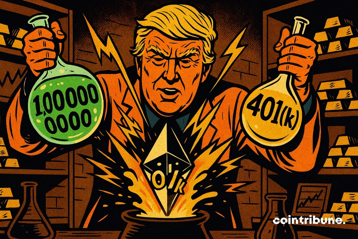 Donald Trump as an alchemist who puts $1 billion and 401(k)s into a cauldron that transforms Ethereum.