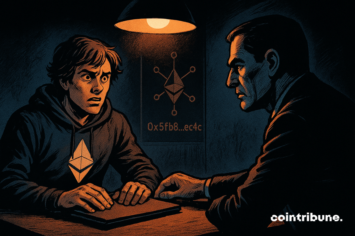 Cena tensa, estilo história em quadrinhos, de um desenvolvedor Ethereum sob um holofote laranja, encarando um severo interrogador turco na sombra.