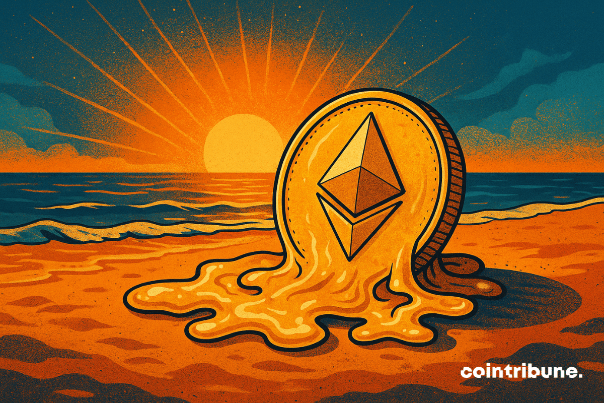 An illustration of a melting Ethereum coin on a beach at sunset, symbolizing liquidity and inflows into liquid staking protocols.