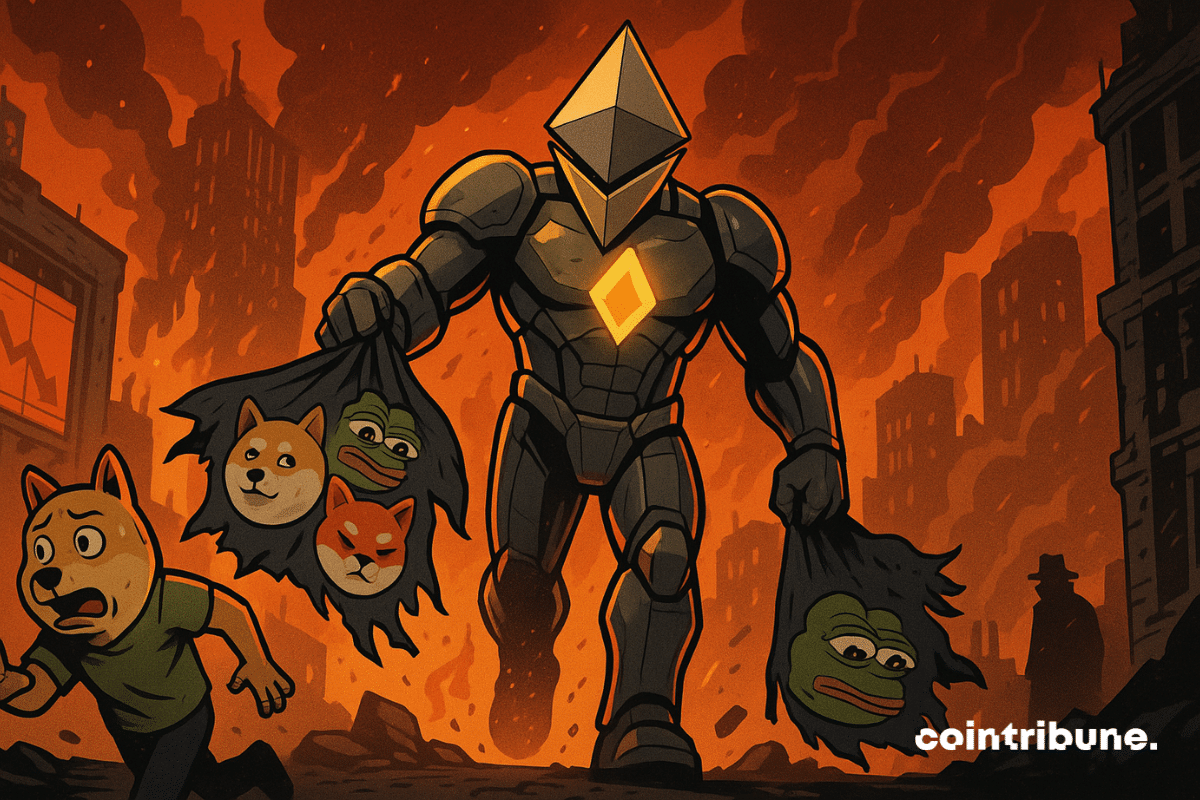 Ethereum conquérant écrase les memecoins dans un chaos urbain en flammes, symbolisant la chute brutale et irréversible des tokens.