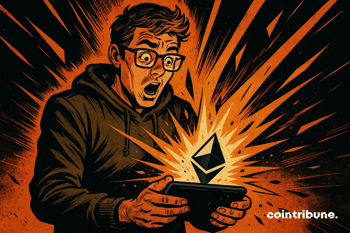 Un trader stupéfait voit son portefeuille Ethereum exploser de valeur, affichant +1000 %, entouré d’éclats lumineux orange et noir.