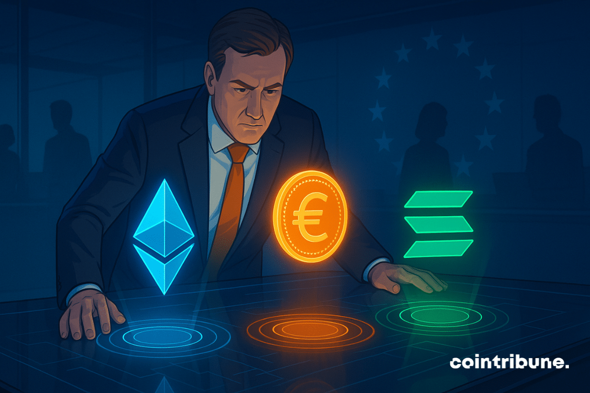 Un haut fonctionnaire européen analyse Ethereum, Solana et l’euro numérique projetés en hologrammes, dans un laboratoire futuriste.