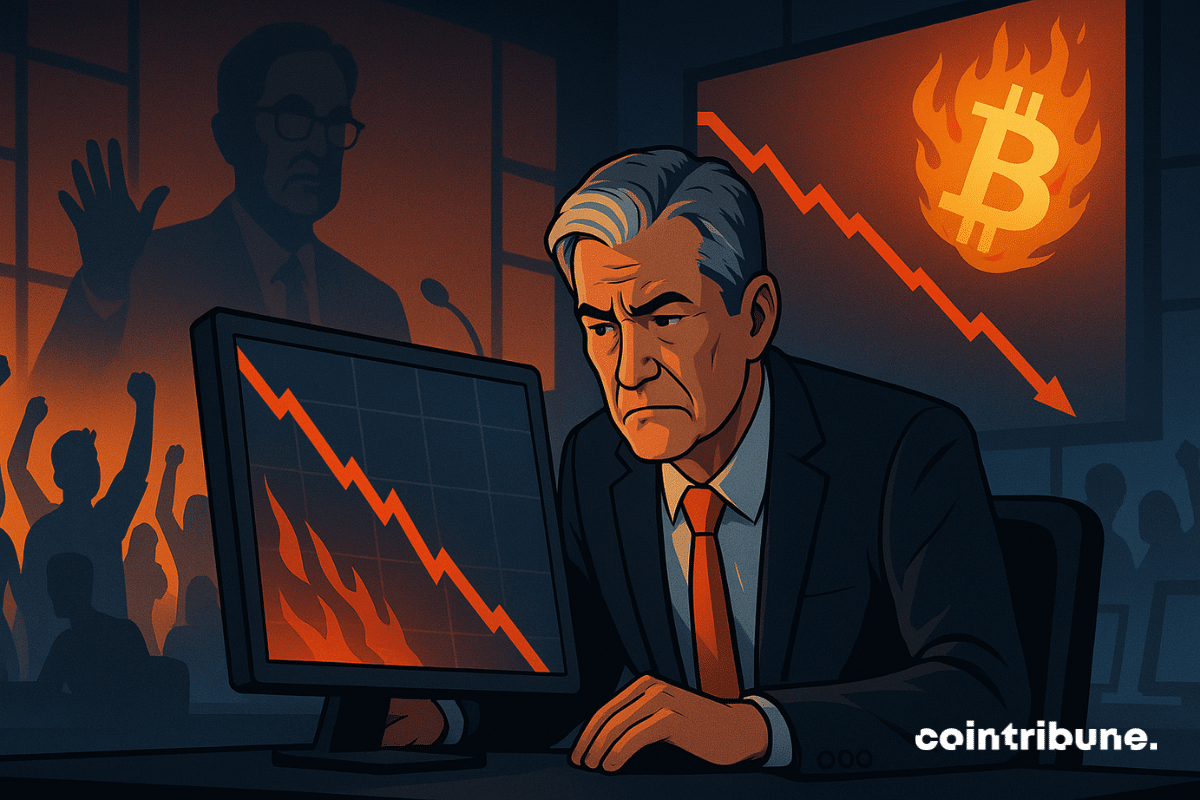 Un analista preocupado observa una caída de las criptomonedas, mientras una multitud eufórica lo celebra, bajo la sombra de Powell y Bitcoin en llamas.