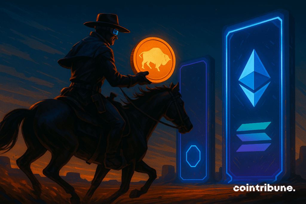Futuristic cowboy on horseback holding up an orange Wyoming coin against glowing Ethereum and Solana symbols
