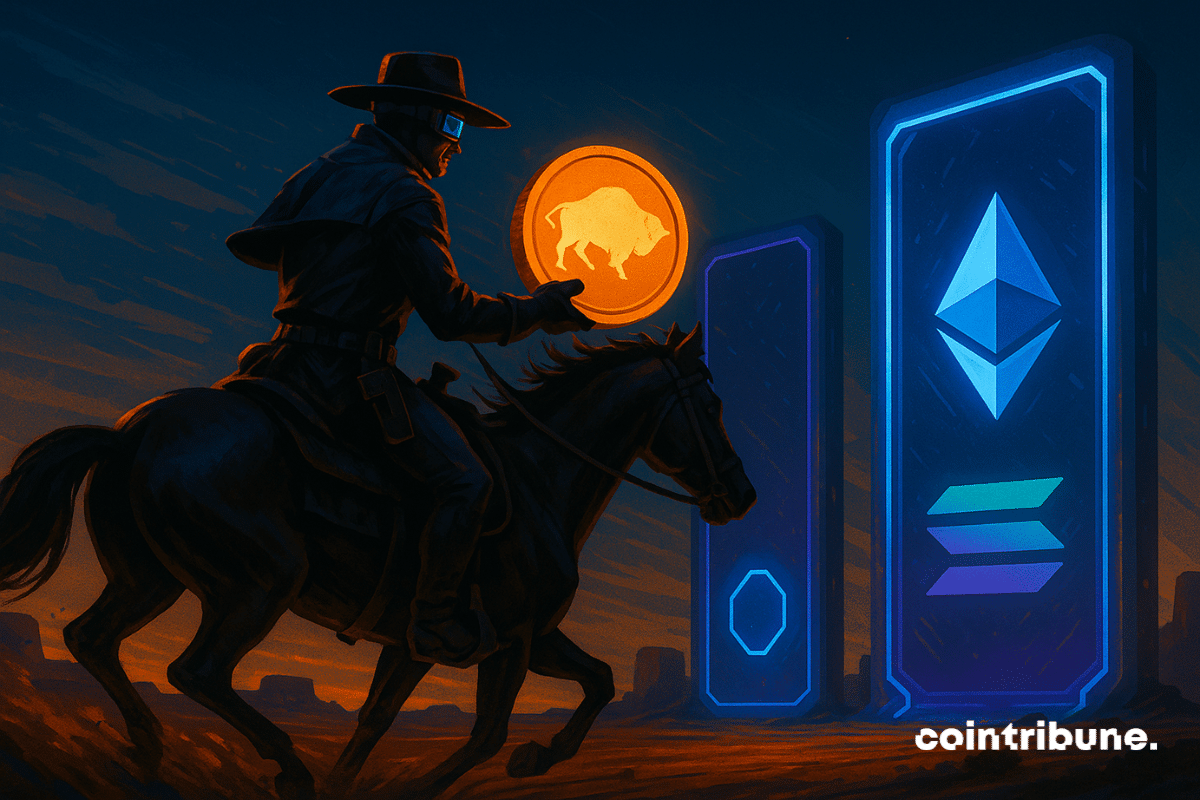 Futuristic cowboy on horseback holding up an orange Wyoming coin against glowing Ethereum and Solana symbols