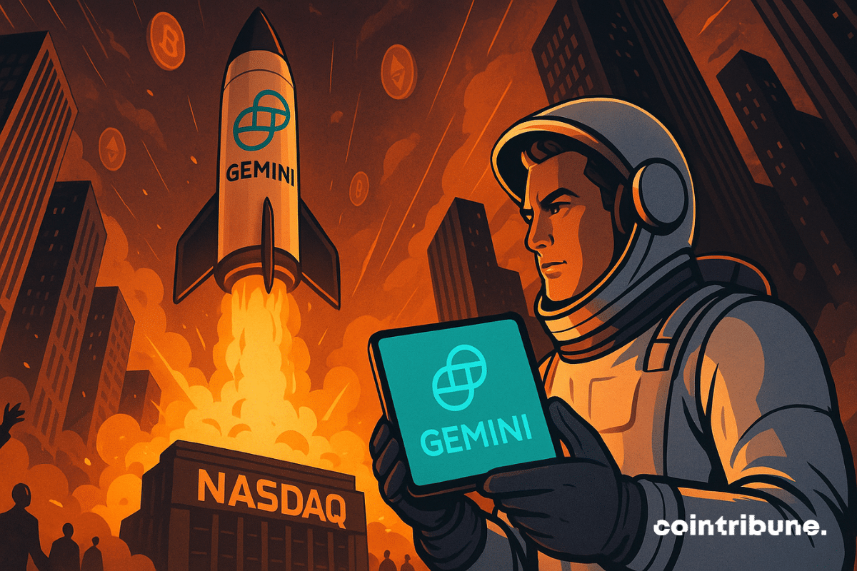 Un astronaute déterminé brandit le logo Gemini devant une fusée décollant du Nasdaq, sous un ciel crypto enflammé.