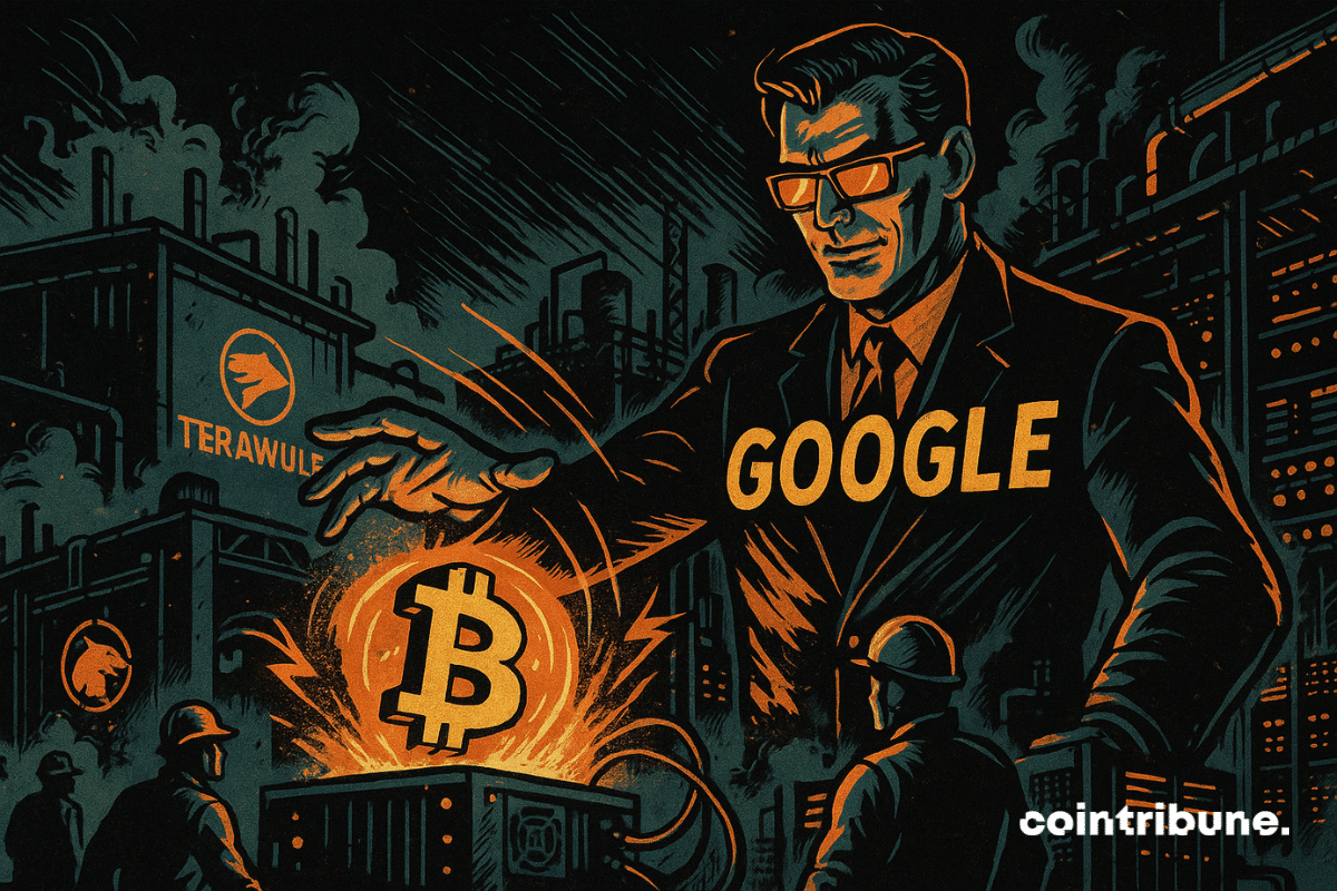 Illustration de style comics représentant Google dominant une scène de minage de Bitcoin chez TeraWulf.