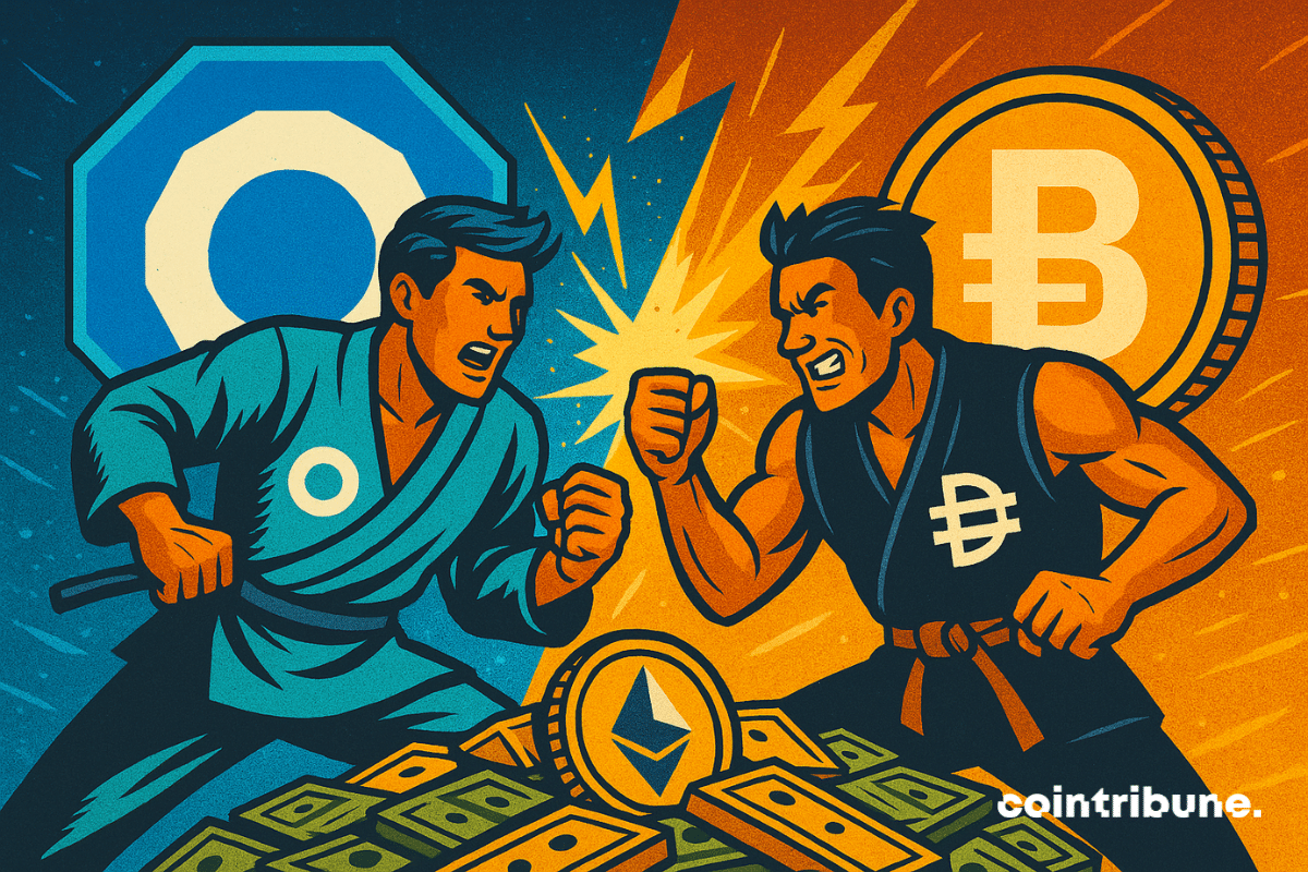 Illustration de deux combattants représentant Hyperliquid et Binance s'affrontant dans une bataille pour la part de marché des produits dérivés cryptographiques, avec les symboles Ethereum et dollar à leurs pieds, symbolisant la compétition pour la domination du trading.