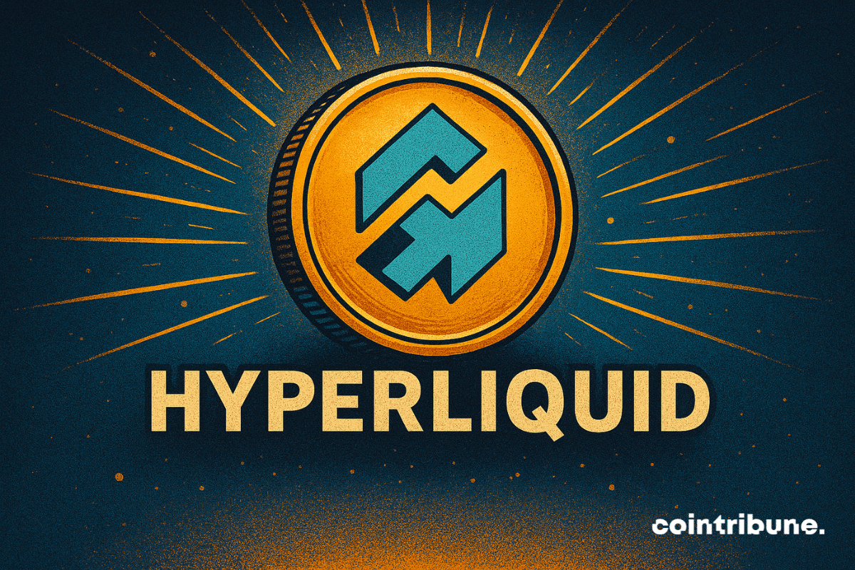Ilustración estilizada de una moneda de oro brillante con el logotipo Hyperliquid en el centro, rodeado de rayos radiantes, con “Hyperliquid” escrito debajo en letras en negrita.