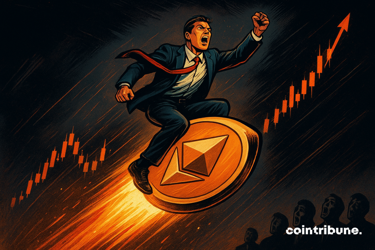 Un homme en costume monte une fusée Ethereum enflammée, des graphiques et des spectateurs émerveillés en arrière-plan.