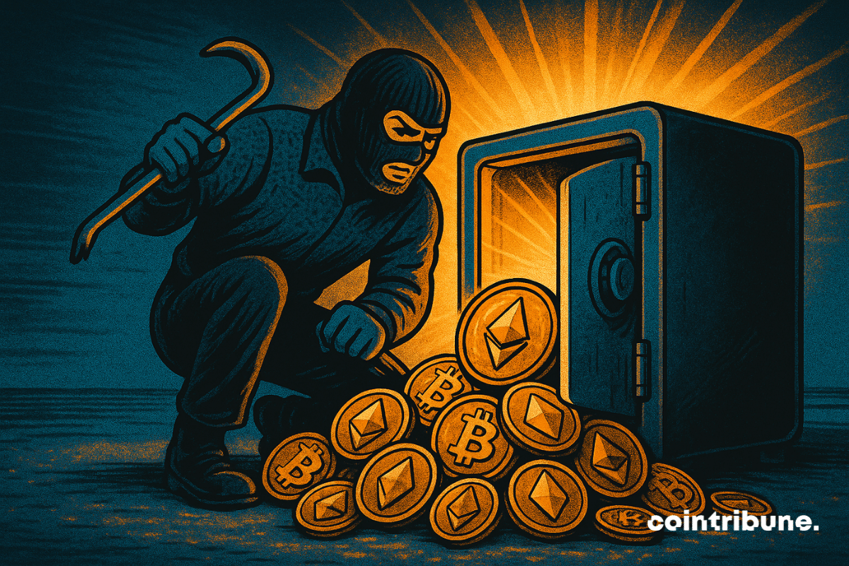 Illustration of a masked hacker stealing Bitcoin and Ethereum coins from a safe, symbolizing crypto theft, hacks, and DeFi security risks.