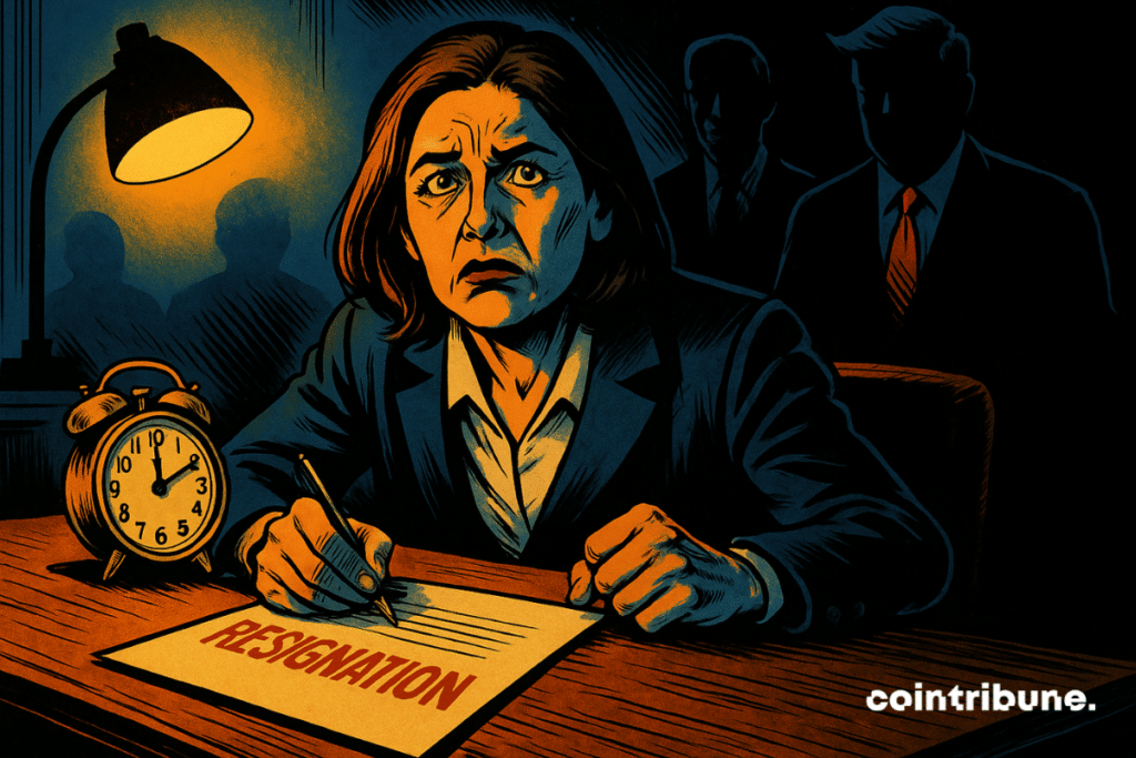 A tense woman signs her resignation at 11:59, shadowed by looming political figures in the background.