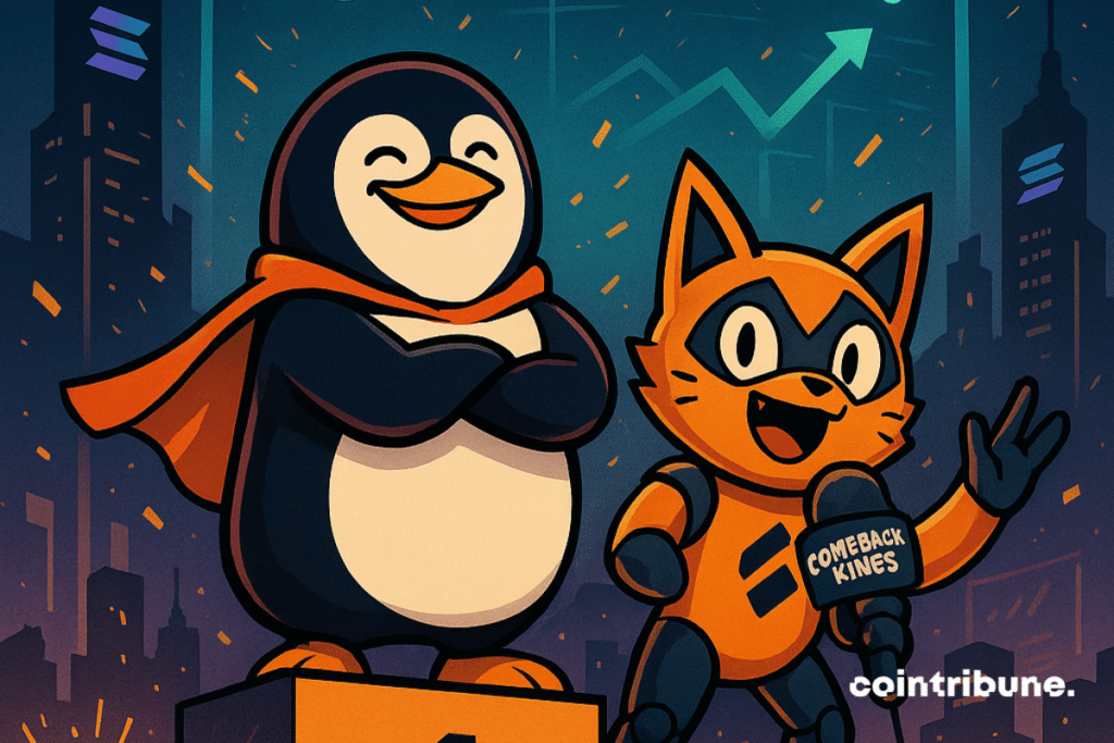 On the left, a smiling penguin in an orange cape (PENGU) stands on the first step with his arms crossed. On the right, an orange and black robotic cat (SPX) holds a microphone and waves to the crowd from the second step.