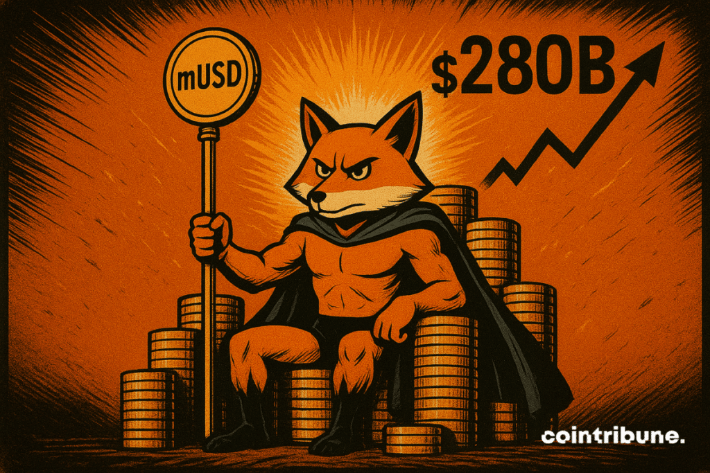 Le renard MetaMask est assis sur un trône de pièces d'or, tenant un sceptre mUSD, avec 280 milliards de dollars et un graphique de croissance brillant derrière.