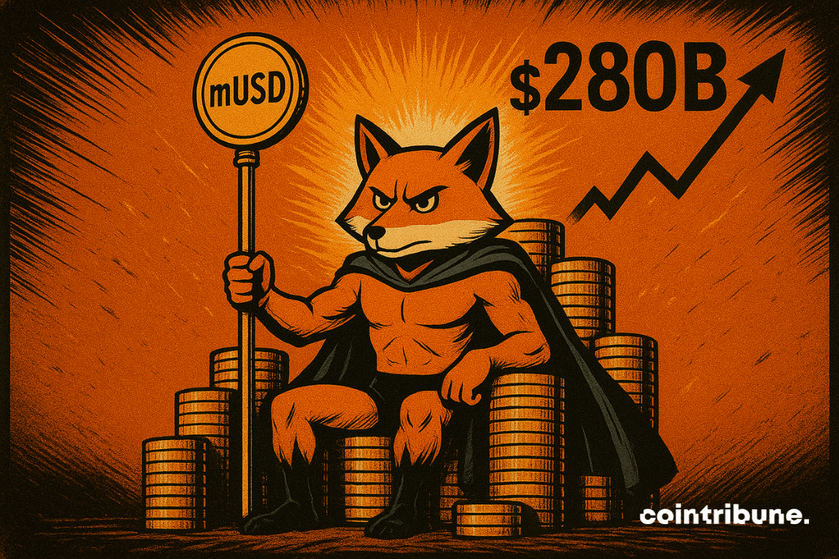 A raposa da MetaMask está sentada em um trono de moedas douradas, segurando o cetro mUSD, com US$ 280 bilhões e um gráfico de crescimento brilhando ao fundo.