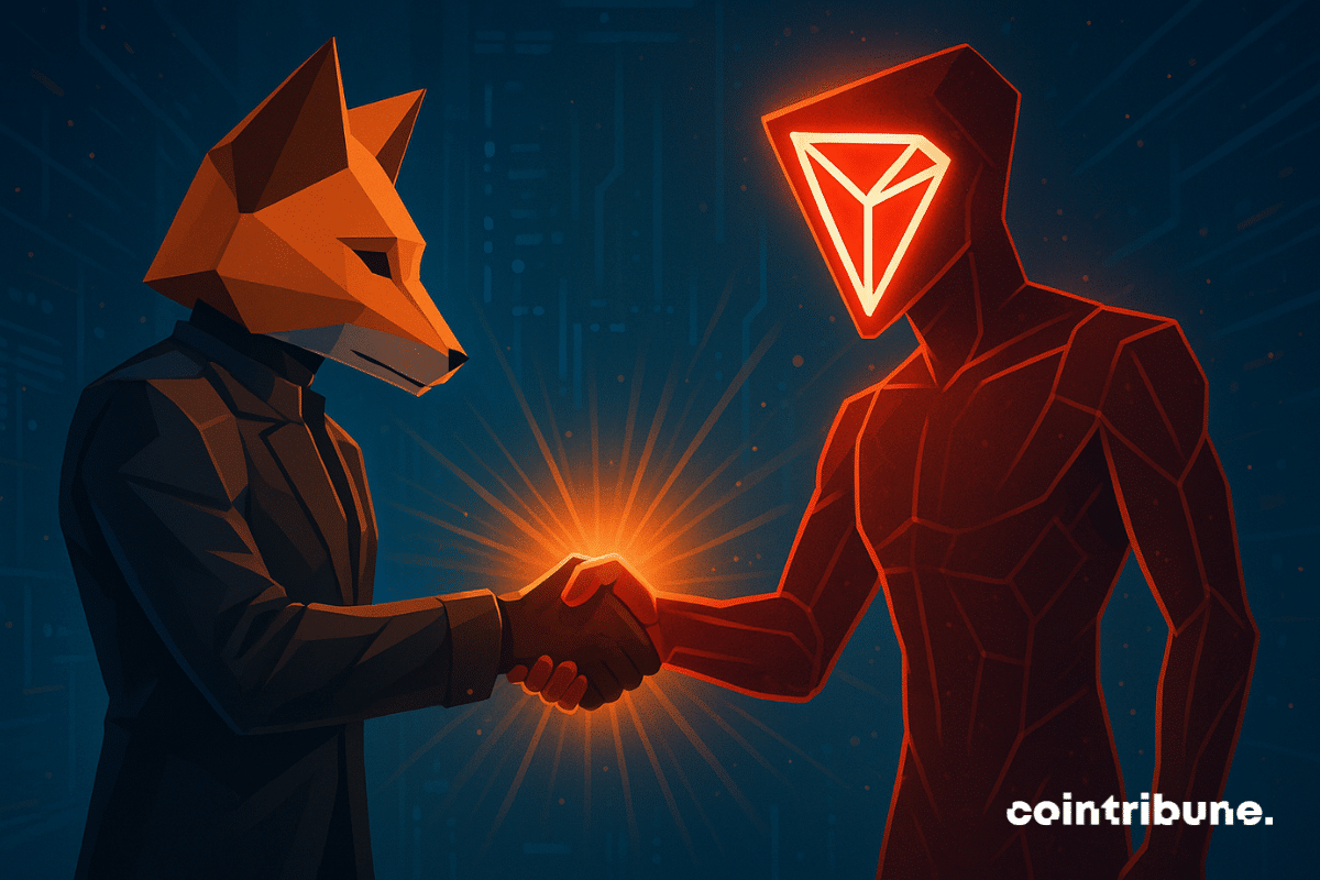 MetaMask et Tron scellent une alliance numérique dans un éclair lumineux, incarnant la première intégration native entre les deux.