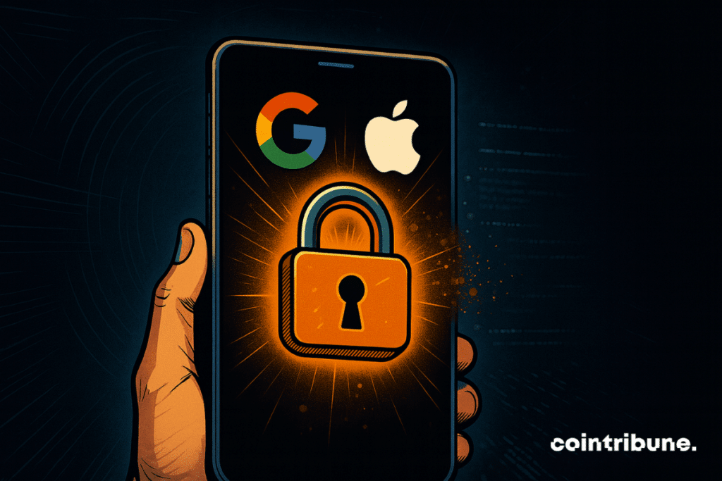 Crypto : une main tenant un smartphone montrant un cadenas orange qui s’ouvre avec Google et Apple