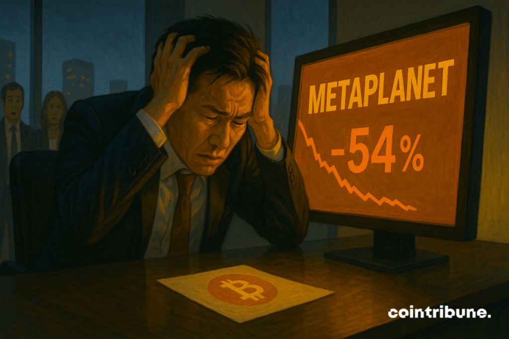 Um executivo japonês angustiado assiste ao colapso da Metaplanet, negociando em baixa de 54%, com o logótipo da Bitcoin visível.