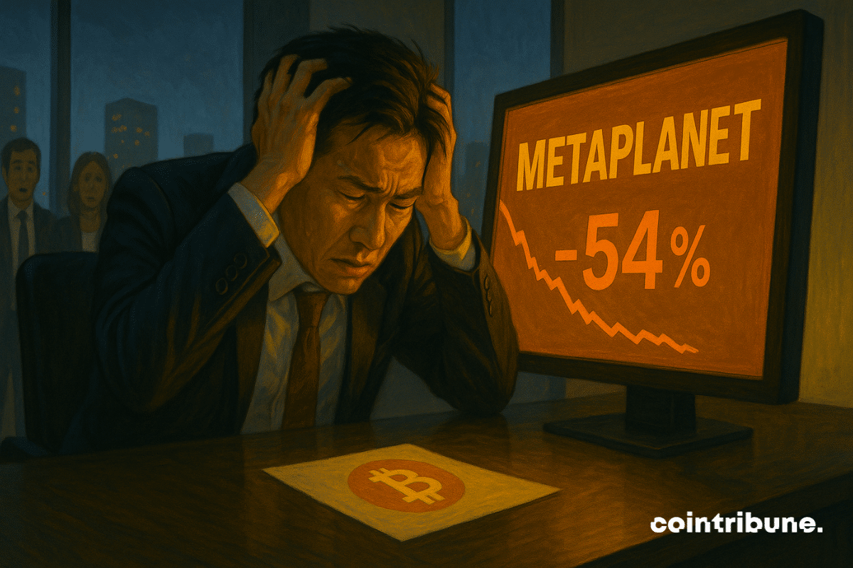 Un dirigeant japonais en détresse observe l’effondrement de Metaplanet, affiché à - 54%, avec le logo Bitcoin visible.