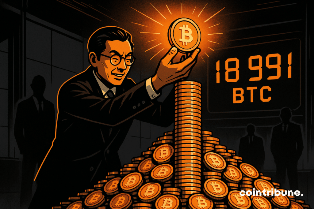 Um empresário japonês coloca uma moeda Bitcoin em uma pilha enorme, com "18.991 BTC" exibido ao fundo.