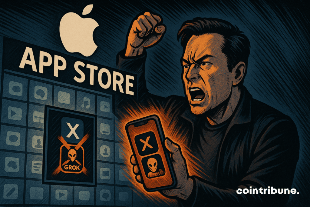 Elon Musk furieux brandit son smartphone devant l’App Store, Grok et X exclus, symbole d’un affrontement technologique.