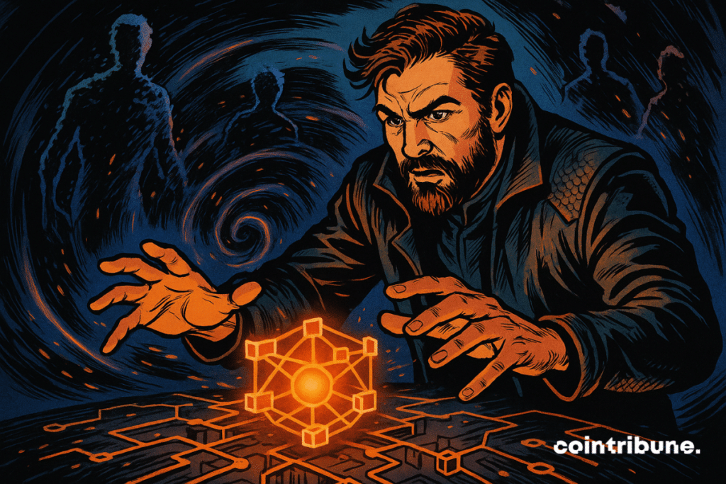 Ilustración de un hombre concentrado manipulando una estructura luminosa numérica que simboliza la ciberseguridad blockchain frente a la amenaza cuántica.