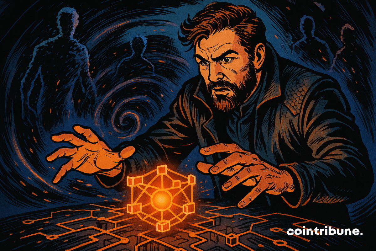 Illustration of a focused man manipulating a luminous digital structure symbolizing blockchain cybersecurity in the face of the quantum threat.