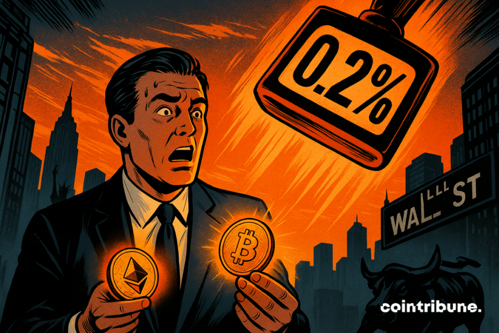 Shocked Wall Street trader holds glowing crypto as giant “0.2%” tax stamp looms over New York skyline.
