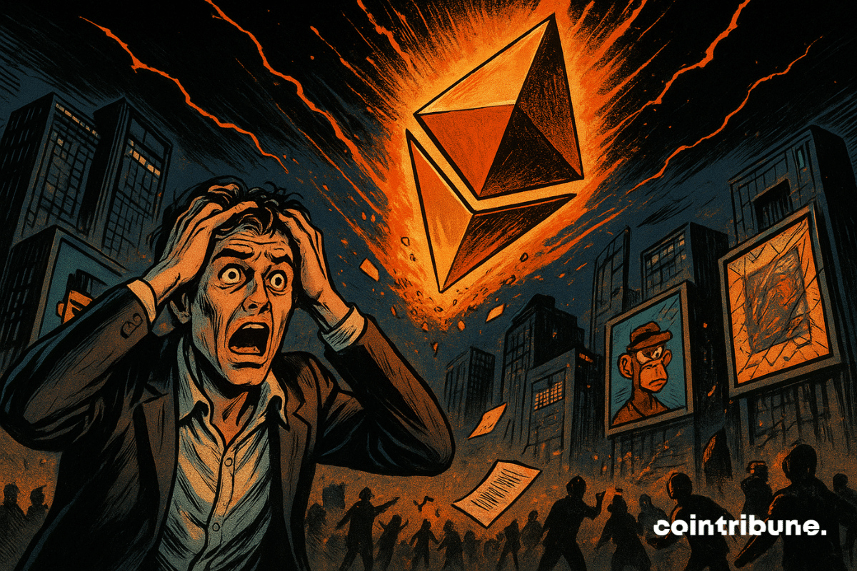 Man in shock as giant fiery Ethereum crystal crashes, shattering NFT screens in a dark cityscape.
