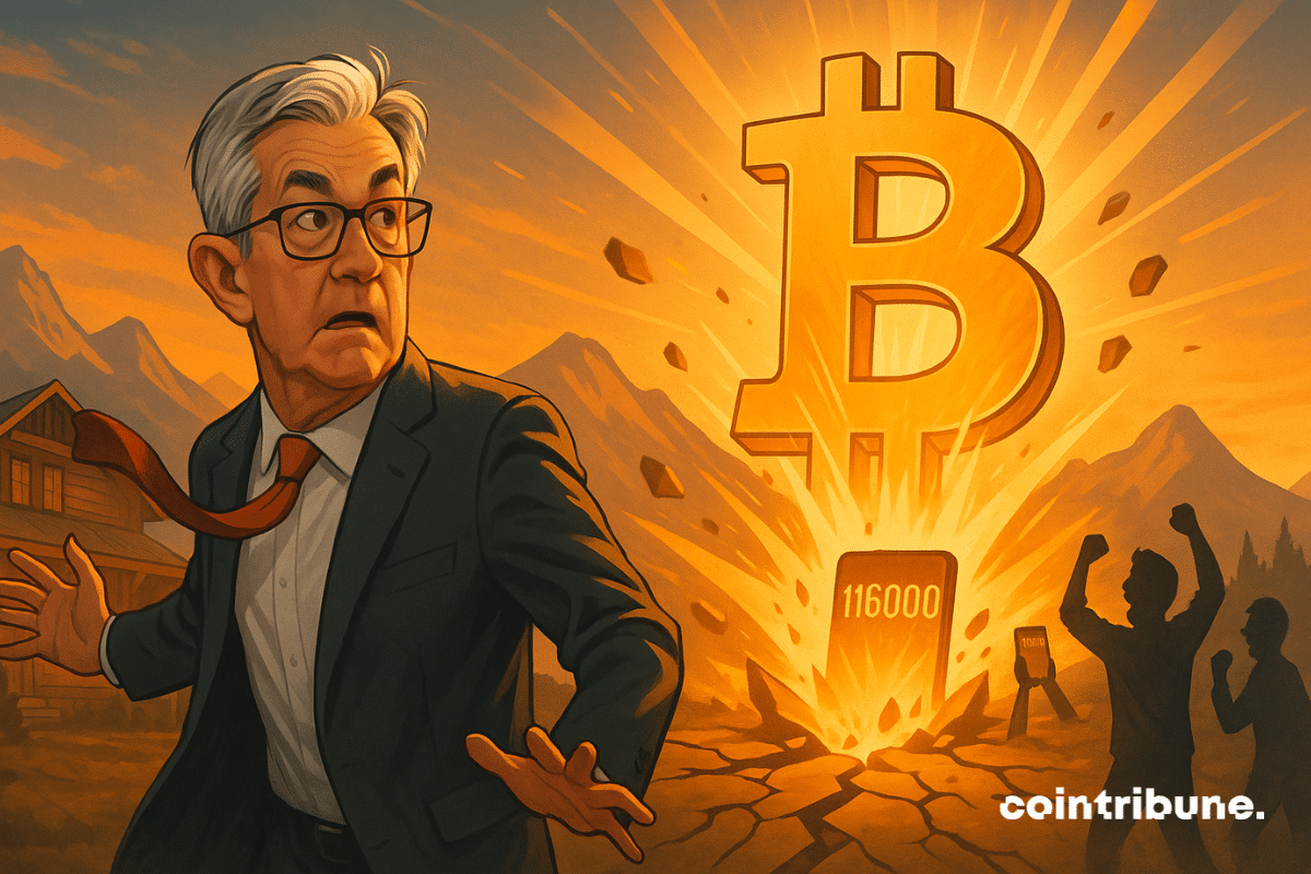 Powell stupéfait devant un Bitcoin géant surgissant du sol, sous un ciel orange, entouré d’investisseurs euphoriques à Jackson Hole.