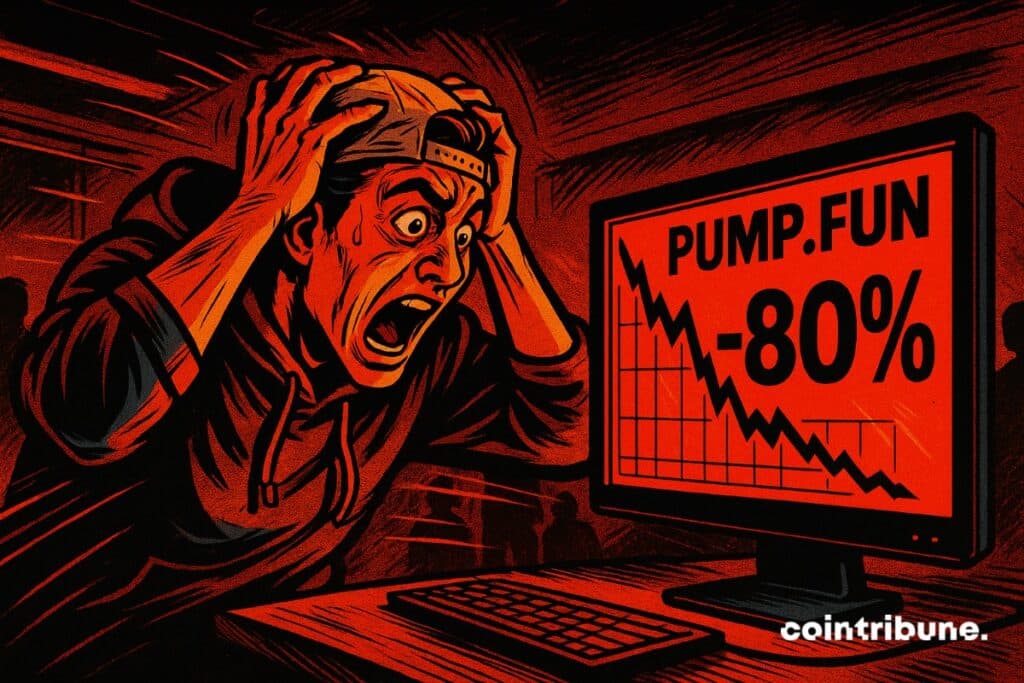 A crypto trader freaking out in front of a screen showing -80% on Pump.fun