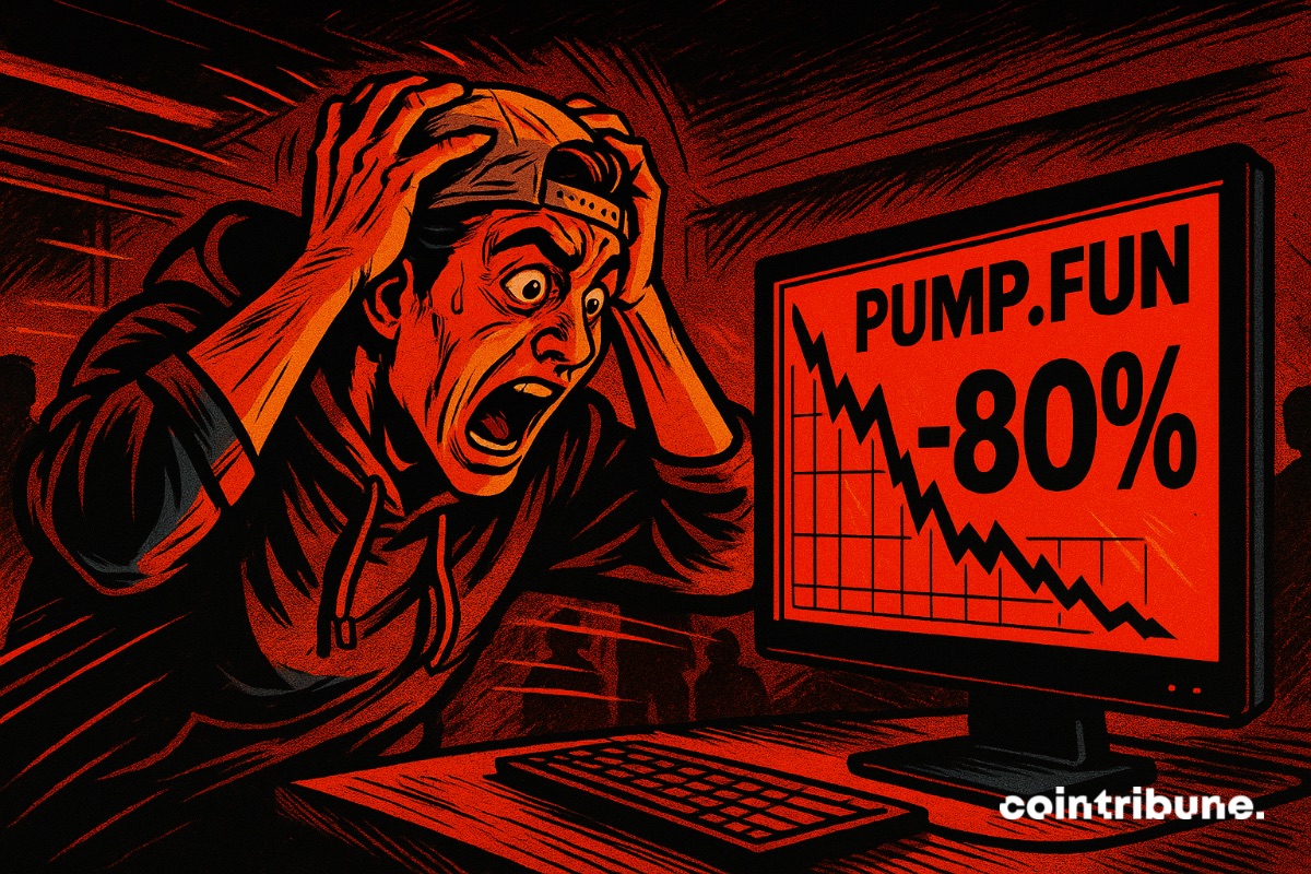 A crypto trader freaking out in front of a screen showing -80% on Pump.fun