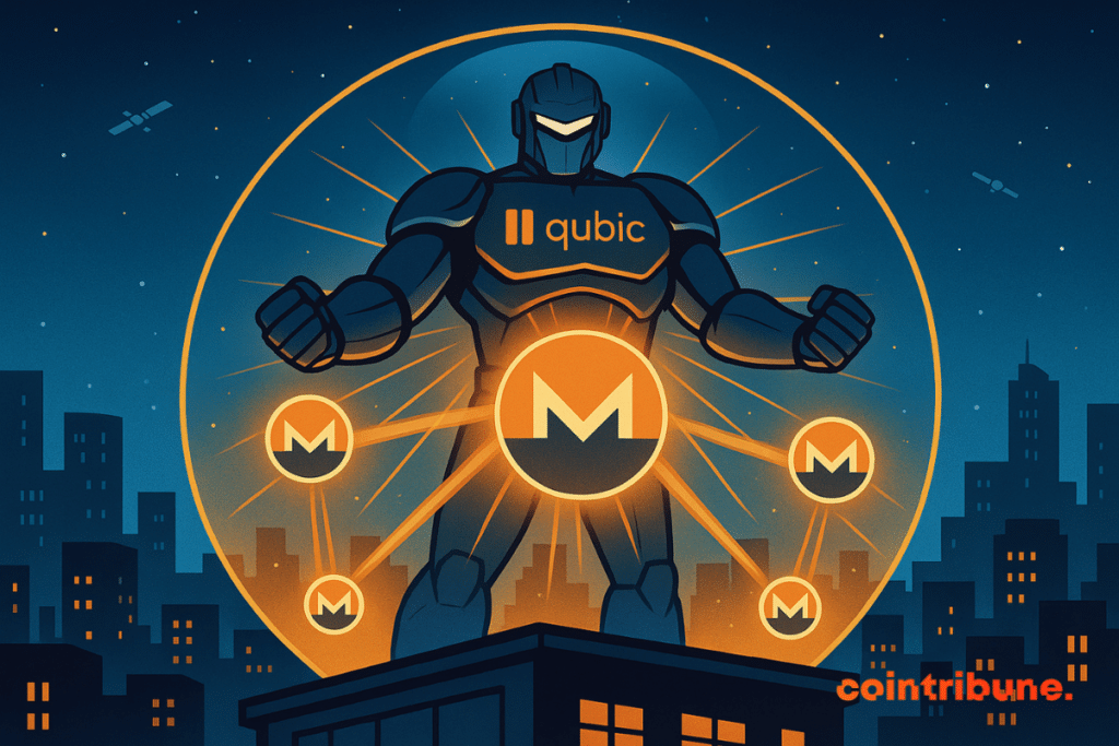 Illustration d’un robot géant portant le logo Qubic, connecté à plusieurs symboles Monero, représentant la domination de Qubic sur le hashrate.