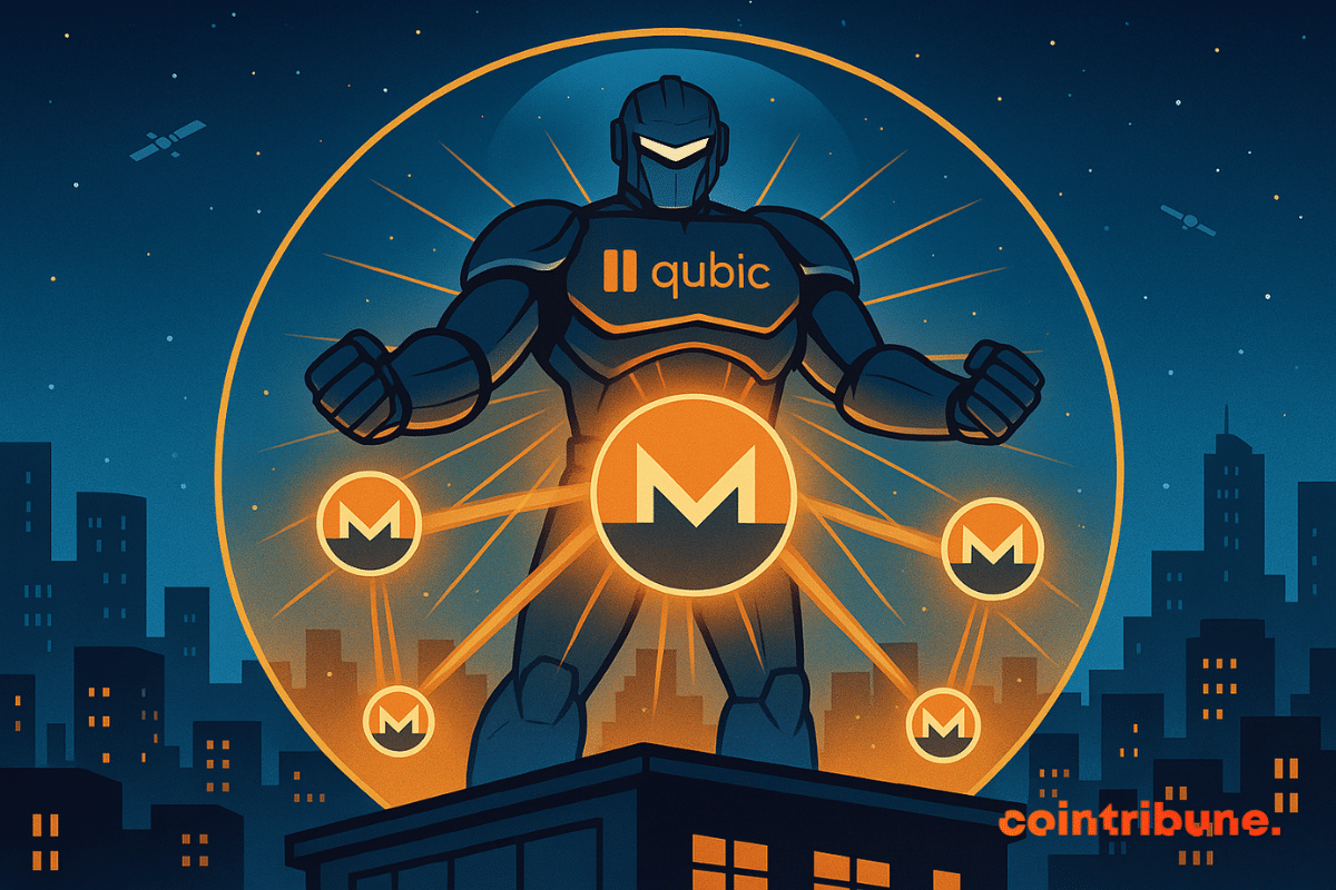 Illustration d’un robot géant portant le logo Qubic, connecté à plusieurs symboles Monero, représentant la domination de Qubic sur le hashrate.