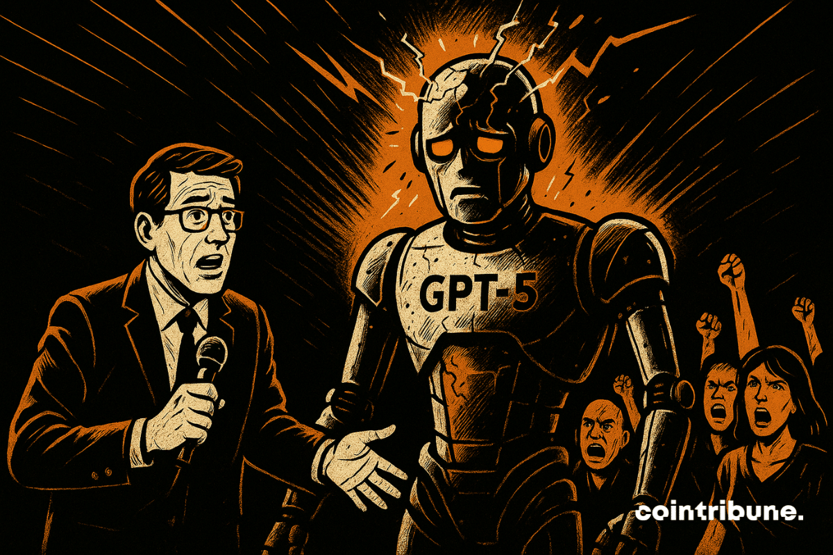 Illustration IA vintage années 70 : robot GPT-5 défectueux sur scène, présentateur inquiet, foule en colère, tons noir, blanc, orange