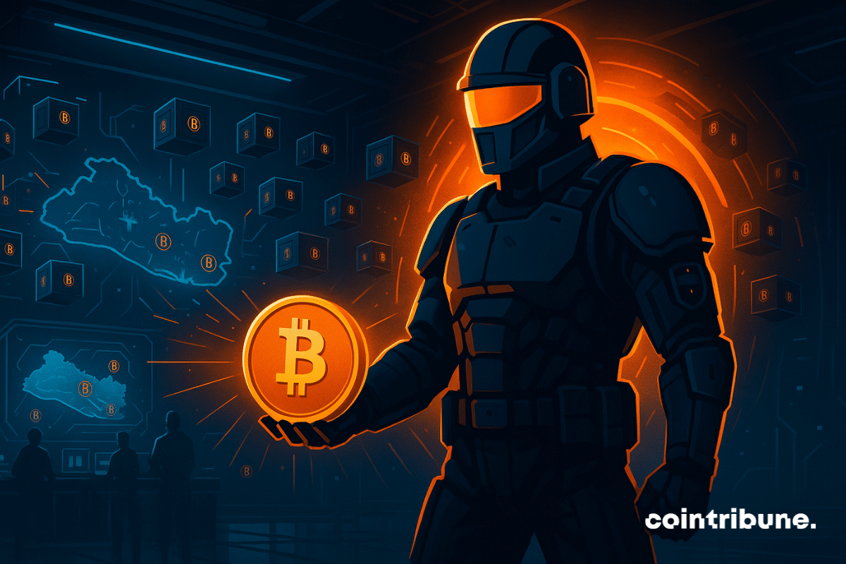 Un soldat cybernétique protège les Bitcoins du Salvador dans un bunker futuriste, face à une menace quantique invisible et imminente.