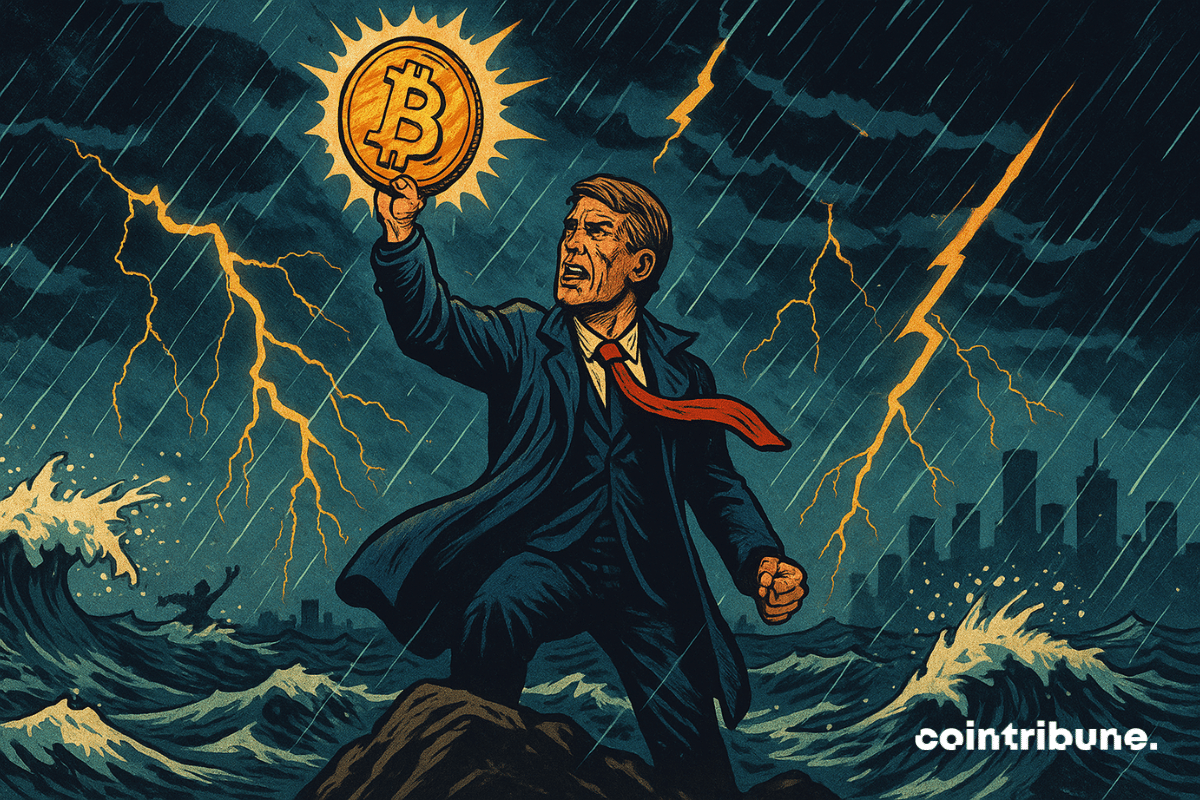 A heroic Michael Saylor defies a raging storm by holding aloft a glowing Bitcoin, a symbol of resilience in the face of chaos.