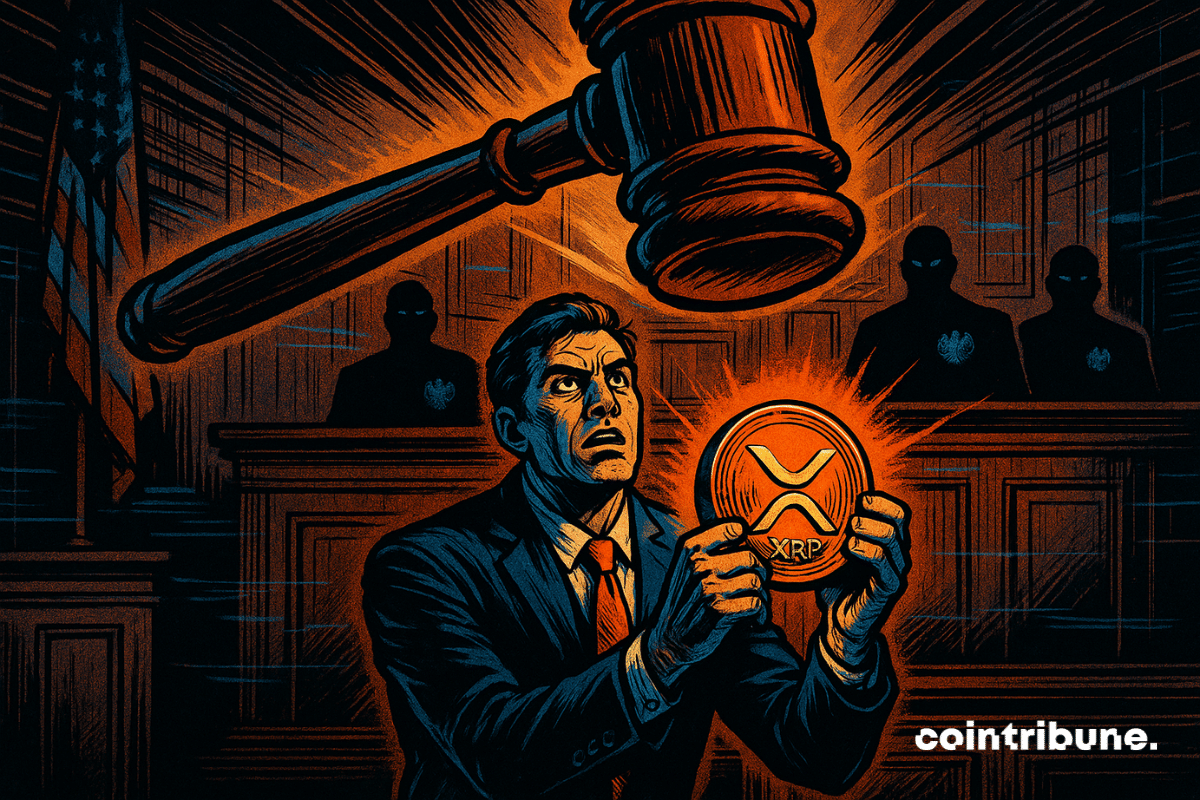 Un avocat défend XRP devant le tribunal, tenant la pièce alors qu'un marteau s'abat sur elle - crypto contre réglementation en pleine force.