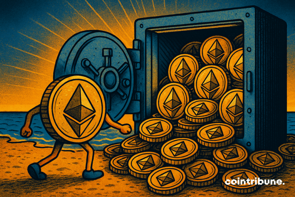 Illustration de pièces Ethereum stockées dans un grand coffre-fort sur une plage, symbolisant l'accumulation de près de 800 000 ETH du trésor de SharpLink.