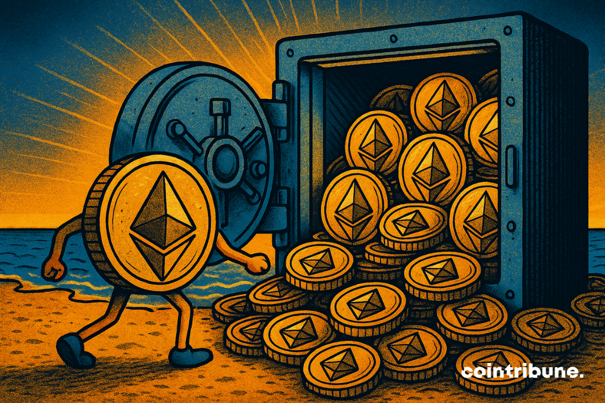 Illustration de pièces Ethereum stockées dans un grand coffre-fort sur une plage, symbolisant l'accumulation de près de 800 000 ETH du trésor de SharpLink.
