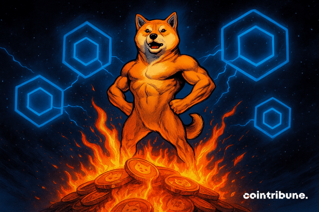 Un puissant Shiba Inu se tient triomphalement sur des jetons en feu, des portails lumineux brillant dans le décor cosmique.