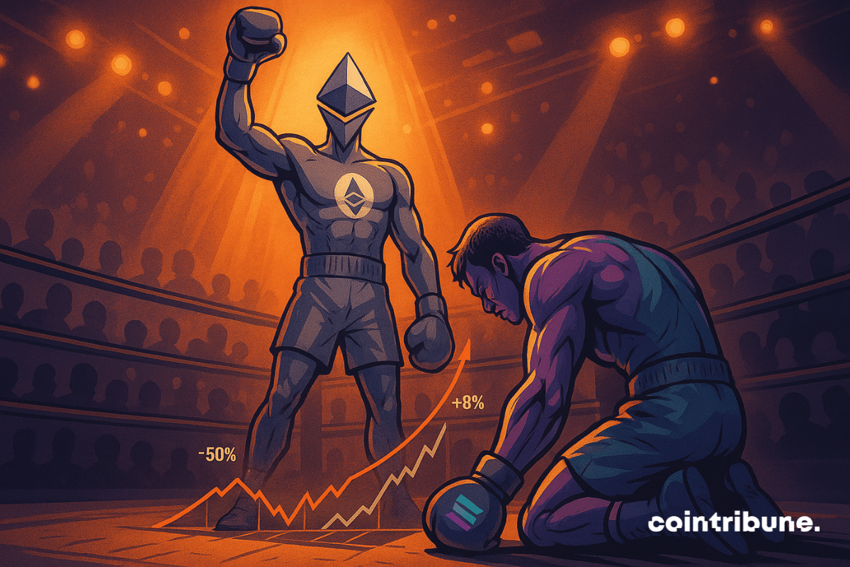 Ethereum triomphe sur un ring, incarné en boxeur musclé, tandis que Solana, épuisé, s’effondre sous une lumière dramatique.