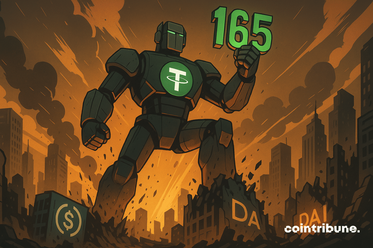 A giant Tether robot crushes the USDC and DAI stablecoins in a ruined city, proudly brandishing the 165 billion.