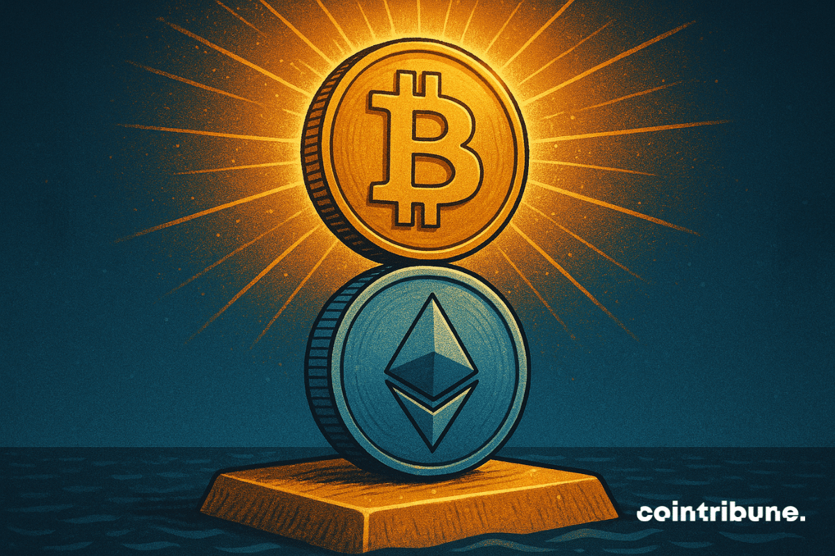 Monedas de Bitcoin y Ethereum apiladas juntas con una luz brillante, lo que simboliza la integración de blockchain y el staking de criptomonedas.